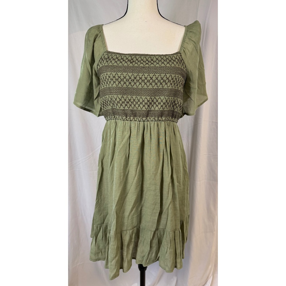 Altar'd State Mini Dress Womens L Green Smocked Flutter Sleeve Boho Excellent